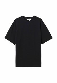 Tricou negru cu mânecă scurtă, fabricat dintr-un material texturat, cu decolteu rotund și croială dreaptă, având un eticheta la gât.