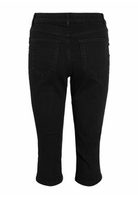 Mustat denim capri-housut, joissa on sileä pinta, keskikorkea vyötärö ja kaksi takataskua, joissa on kolmion muotoiset kuvioinnit.