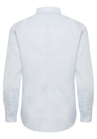Light blue long-sleeve shirt with a button-down collar, back yoke seam, and cuff buttons. Smooth cotton fabric, tailored fit.