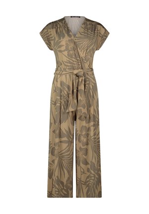 Wickel-Jumpsuit mit kap sleeves, gemustert in Olivgrün und Beige, mit einem Bindegürtel in der Taille und weit geschnittenem Bein.