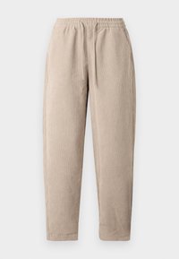 Pantalon beige en velours côtelé avec taille élastique et cordon de serrage, coupe droite, présenté sur un fond uni clair.
