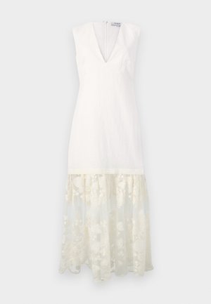 Vestido blanco de lino con escote en V, mangas cortas y un dobladillo de encaje bordado transparente. Cuenta con un cierre de cremallera en la parte posterior. Forma elegante y estructurada.