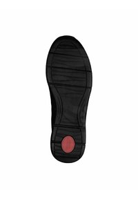 Svart sko sula med strukturerat greppmönster och en röd cirkulär etikett nära hälen som läser "Tamaris KOMFORT." Storlek 37 markerad i mitten.