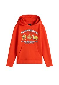 Oranje katoenen hoodie met een voorzak, voorzien van grafische illustraties van een bij, een slak en een blad. Tekst luidt "VANS ORIGINAL."