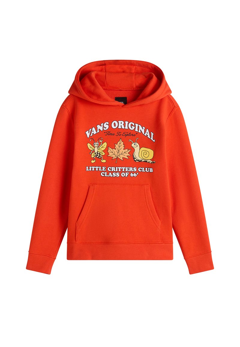 Oranje katoenen hoodie met een voorzak, voorzien van grafische illustraties van een bij, een slak en een blad. Tekst luidt "VANS ORIGINAL."