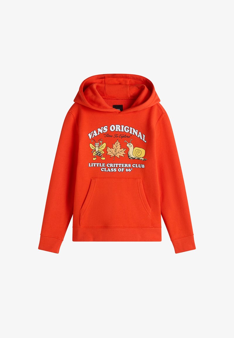 Hoodie di cotone arancione con tasca frontale, caratterizzato da illustrazioni grafiche di un'ape, una lumaca e una foglia. La scritta dice "VANS ORIGINAL."