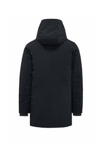 Zwarte gewatteerde jas met een capuchon, voorzien van een rechte snit, lange mouwen en geribbelde boorden. Soepele textuur met minimale naden.