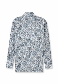 Langärmliges Hemd mit Paisley-Muster in Blau, Grau und Weiß. Verfügt über einen Kragen und einen geraden Schnitt sowie Knopfmanschetten.