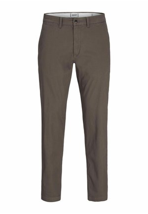 Slim-fit, olijfgroene katoenen broek met ritssluiting, enkele knoopsluiting en voorzakken. Glad oppervlak, op maat gemaakt ontwerp.