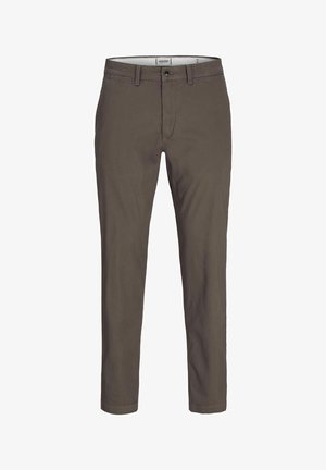 Slim-Fit, olivgrüne Baumwollhose mit Reißverschluss, einem Knopfverschluss und Vordertaschen. Glatte Textur, taillierte Passform.