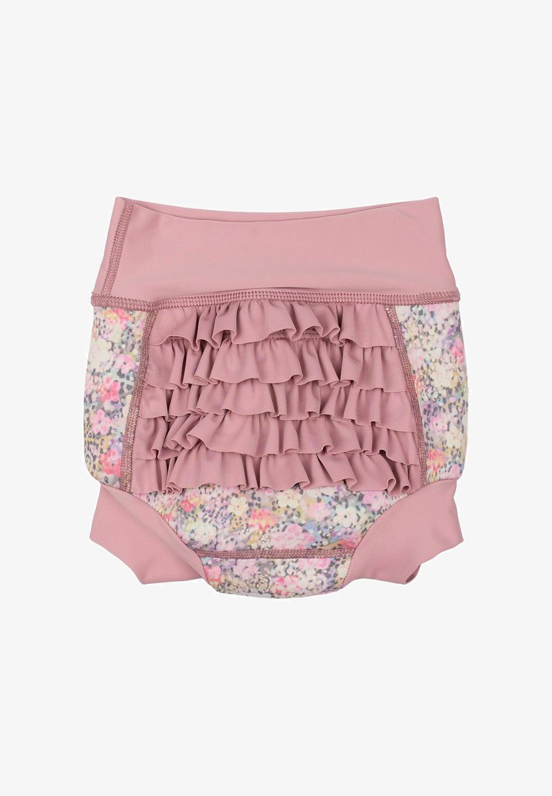Rüschen-Badehose in sanftem Rosa mit floralem Muster und Rüschen vorne. Leichter, dehnbarer Stoff, der für Komfort und Flexibilität sorgt.