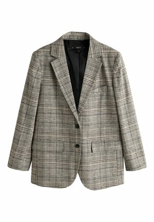 Single-breasted beige and black checked blazer with notched lapels, two front buttons, and flap pockets, size 12.