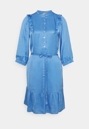 Blue satin dress with ruffled shoulder accents, button front, and a tie belt at the waist. Features a flared hemline. Soft texture.
