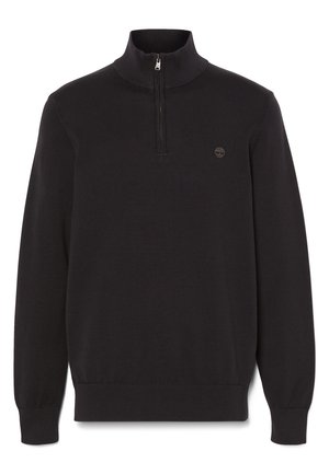 Zwarte pullover trui gemaakt van gebreide stof, met een ritskraag, lange mouwen en een klein logo op de borst.