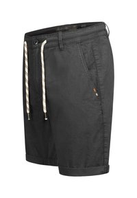 Schwarze Shorts aus leichtem Material mit umgeschlagenem Saum, versehen mit einem Kordelzug in Cremefarbe und gemusterten Akzenten am Bund.
