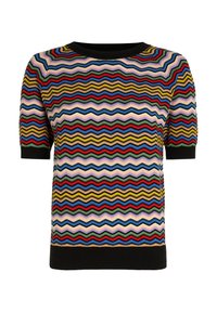 Wielokolorowy sweter z krótkim rękawem z motywem zygzaka, wykończony czarnymi obszyciami przy dekolcie i rękawach, wykonany z miękkiego materiału dzianinowego.
