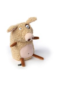 Stuffed animal resembling a pig, made of plush, with a curly beige exterior, brown limbs, and a pink face. Features large, round eyes and a snout.