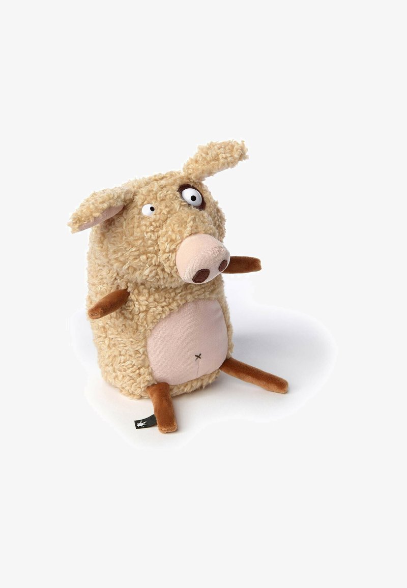 Stuffed animal resembling a pig, made of plush, with a curly beige exterior, brown limbs, and a pink face. Features large, round eyes and a snout.