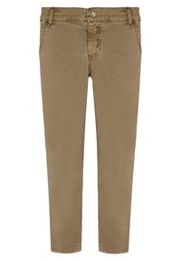 Ruskeat puuvillasekoitekankaiset housut, joissa on slim-fit-muotoleikkaus, etupainikekiinnitys, viisi taskua ja sileä pinta.