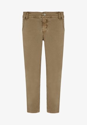 Hnědé kalhoty z bavlněné směsi se slim-fit siluetou, předním zapínáním na knoflík, pěti kapsami a hladkým povrchem.