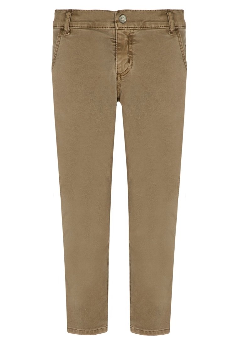 Ruskeat puuvillasekoitekankaiset housut, joissa on slim-fit-muotoleikkaus, etupainikekiinnitys, viisi taskua ja sileä pinta.