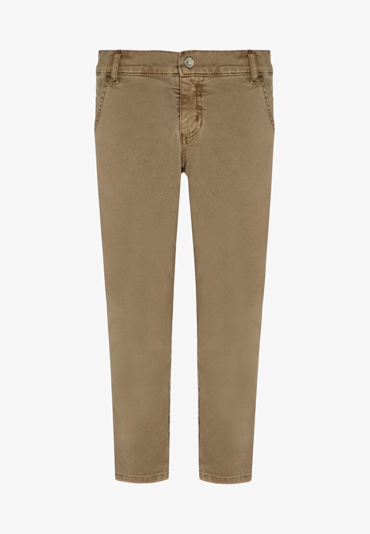 Pantaloni in misto cotone marroni con una silhouette slim-fit, dotati di chiusura frontale con bottone, cinque tasche e una texture liscia.