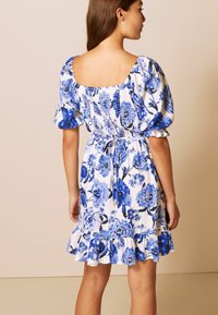 DKNY Women's Puff Sleeve Tie Waist A-Line Mini Dress, Cloud Multi