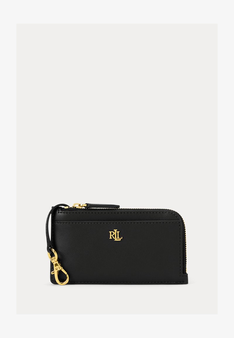 Portefeuille zippé en cuir noir avec logo doré "RLL" et fermoir doré attaché à une boucle en cuir sur fond blanc.