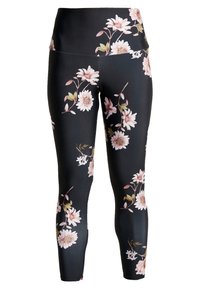 Zwarte legging met hoge taille, met een roze en witte bloemmotief en groene bladeren verspreid over het geheel.
