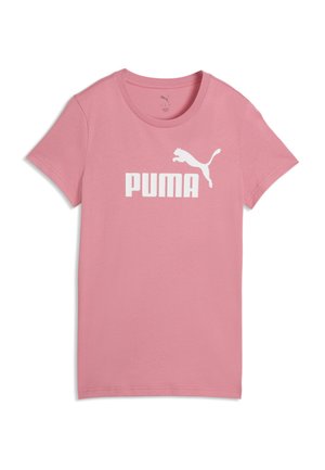 Pink kortærmet t-shirt med rund halsudskæring og hvid Puma-logo og tekst centreret på brystet.