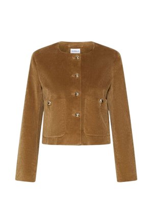 Giacca in corduroy marrone con scollatura rotonda, maniche lunghe e sei bottoni dorati. Presenta due tasche frontali e un tessuto testurizzato.