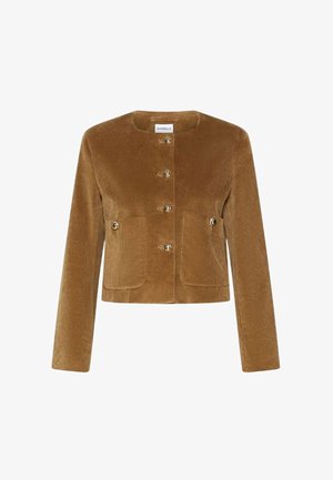 Giacca in corduroy marrone con scollatura rotonda, maniche lunghe e sei bottoni dorati. Presenta due tasche frontali e un tessuto testurizzato.