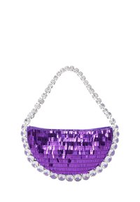 Lila flitteres kézitáska ívelt formával és rhinestone díszítésű füllel. A felülete fényes, flitterek mozaikmintájával.