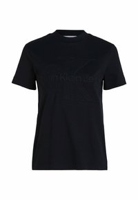 T-shirt nera in cotone con scollatura a girocollo e maniche corte. Logo in rilievo ben visibile al centro: "calvin Klein Jeans" e "CK".
