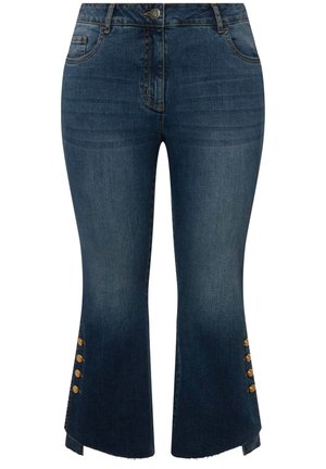 Dunkelblaue, ausgestellte Jeans aus Denim mit mittelhohem Bund, ausgefranstem Saum und goldfarbenen Knopfakzenten an den Bündchen. Glatte Textur und taillierte Passform.