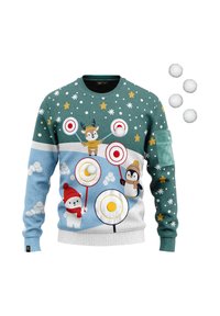 Knitted holiday sweater in teal and light blue featuring animal motifs, snowflakes, stars, and three-dimensional snowy accents.
