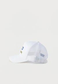 Gorra de béisbol blanca con visera curva, parte trasera de malla y logo impreso en azul y verde. Cuenta con un panel frontal estructurado y correa ajustable.