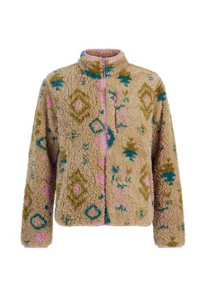 Beige fleece jacket with pink zipper and multicolored geometric patterns in green, blue, and pink, featuring a high collar and long sleeves.