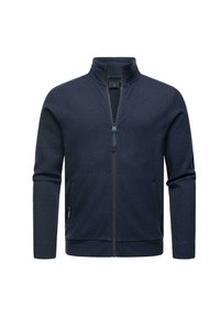 Giacca a zip navy realizzata in tessuto testurizzato. Presenta un colletto alto, maniche lunghe e due tasche laterali. Accentata da una cerniera a contrasto.