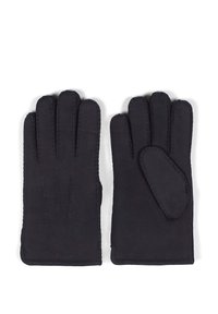 Svarta läderhandskar med en slät yta, med tre fingerdelar och en förstärkt tumme. Syt detaljer längs kanterna.