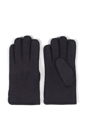 Black leather gloves with a smooth texture, featuring three finger sections and a reinforced thumb. Stitched detailing along edges.