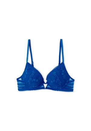 Blauwe kant bralette met driehoekige cups, verstelbare bandjes, gegolfde randen en bloemenpatronen langs de cups en band. Zachte stofstructuur.