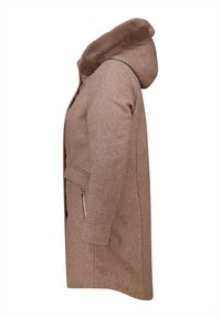 Bruine wollen jas met een capuchon en een faux fur rand, met rits zakken aan de zijkant en een rechte silhouette. Glad textuur met strakke lijnen.