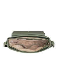 Borsa in pelle verde con una texture liscia. L'interno presenta una fodera beige e diversi scomparti per l'organizzazione. Chiusura con zip.