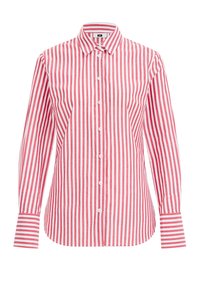 Red and white striped button-up shirt, long sleeves, classic collar, cotton material, straight hem, front button closure, narrow stripes.