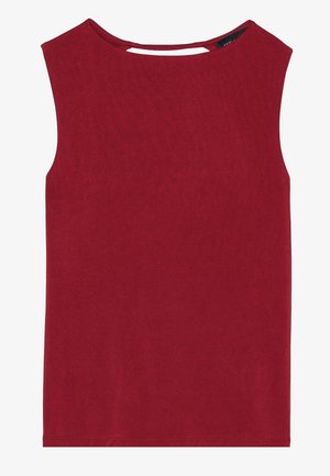 Rød ærmeløs top med en rund halsudskæring, der har en lille udskæring på ryggen. Fremstillet af blødt, tekstureret stof.