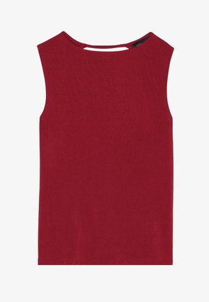 Rød ærmeløs top med en rund halsudskæring, der har en lille udskæring på ryggen. Fremstillet af blødt, tekstureret stof.