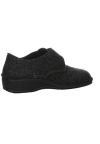 Black felt slip-on shoe with a rounded toe, curved stitching detail, and cushioned black sole. Low-profile design with a snug fit.