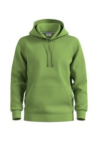 Sudadera con capucha verde hecha de una tela suave. Tiene un bolsillo frontal, cordones ajustables y texto sutil a lo largo del lateral.