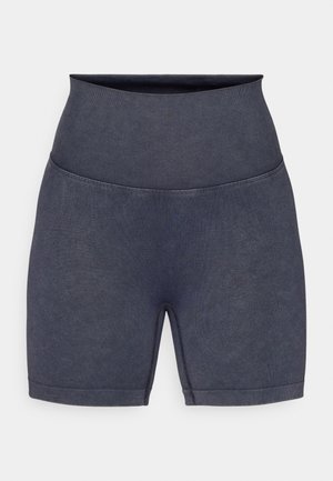 Shorts a vita alta di un blu navy scuro, realizzati in un morbido tessuto elasticizzato con una trama liscia e dettagli di cucitura discreti lungo le cuciture.